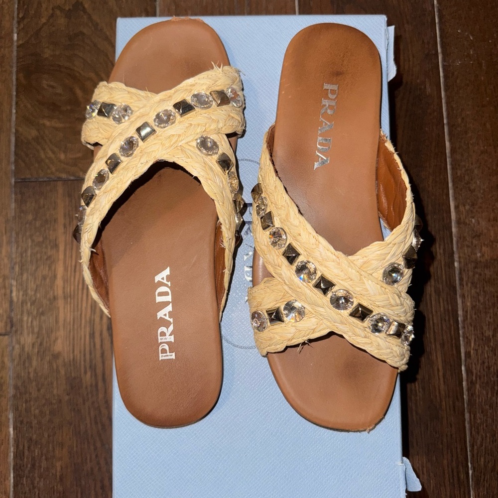 Prada Tan Raffia Crystal-Cross Slide Sandals - Picture 2 of 8